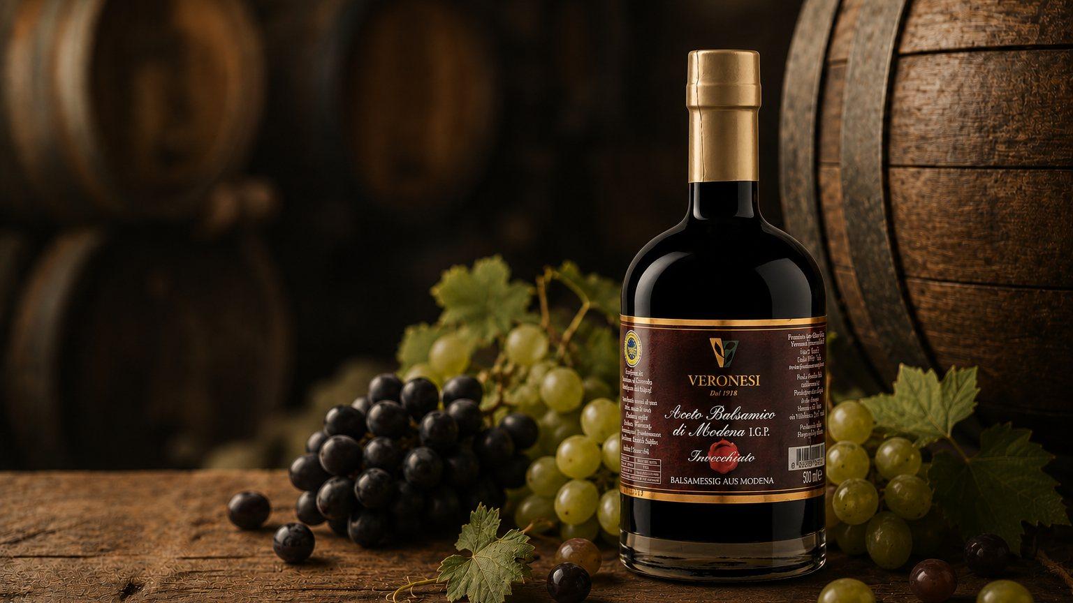 Flasche Aceto Balsamico vor Holzfässern, daneben helle und dunkle Trauben